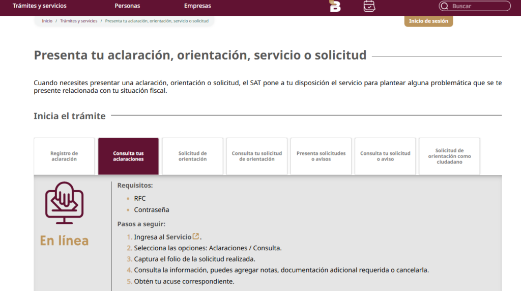 consulta de aclaración en portal del SAT